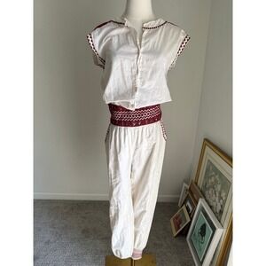 Flannel Austrailia Burgundy‎ Cream Embroidered Cotton Jumpsuit Boho Chic Small